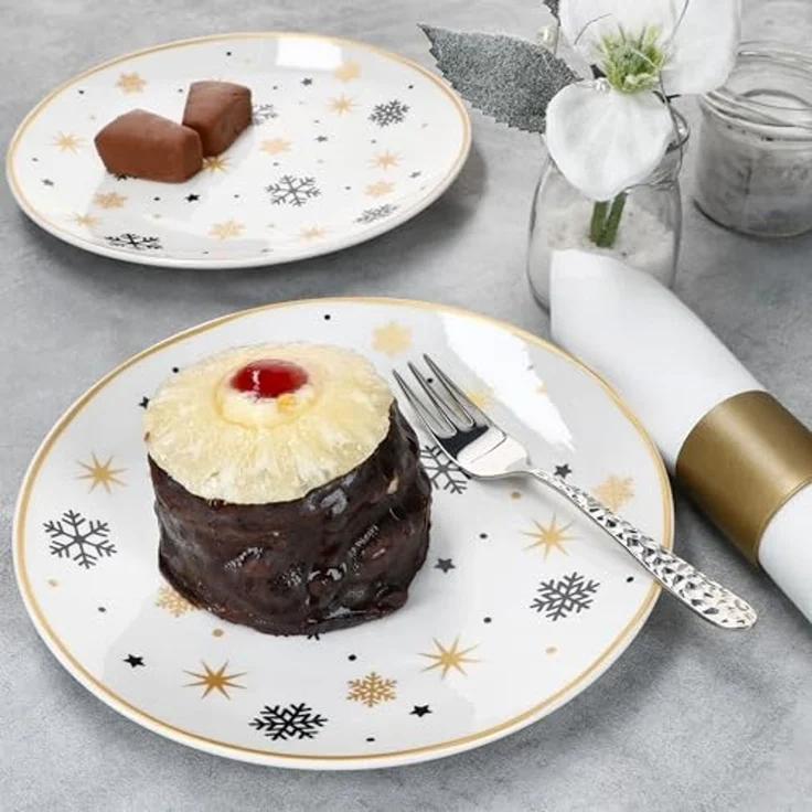 MamboCat Frühstücksteller 6x Stars schwarz & gold Kuchenteller Steingut 6 Pers. Dessertteller, Weihnachtsgeschirr, Weihnachten, Weihnachtsset, Geschirr – Bild 5