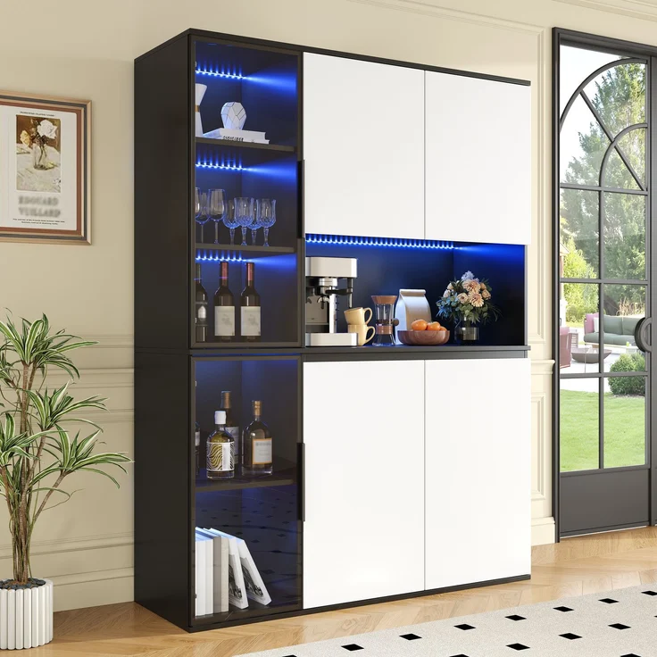 Hochschrank, Vitrine, Highboard, Anrichte, Schwarz-Weiß Optik, Glaselemente, integrierte LED-Leuchten, MDF-Korpus, geräumiger Stauraum, Esszimmerschrank, Wohnzimmerschrank--Schwarz, Weiß--120x40x160cm--YOUDENOVA – Bild 8