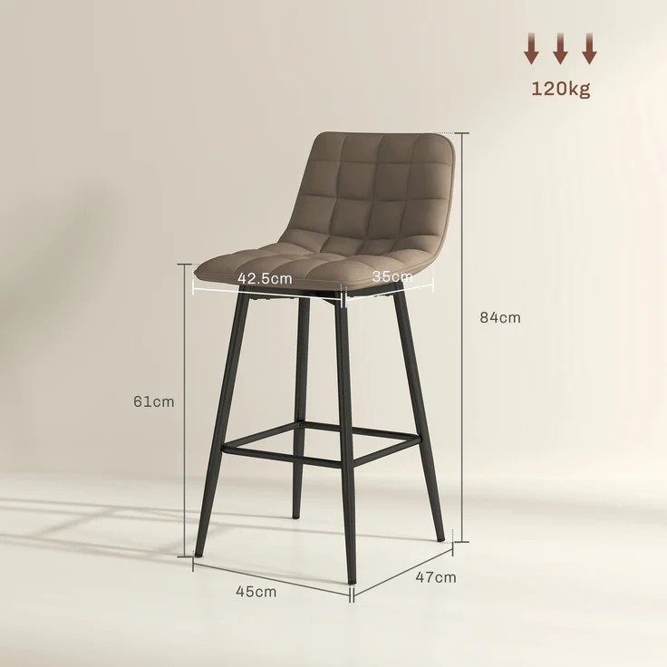 2er-Set Küchenhocker im nordischen Stil aus Stoff in Samtoptik und Metall, 45 x 47 x 84 cm, Braun – Bild 5