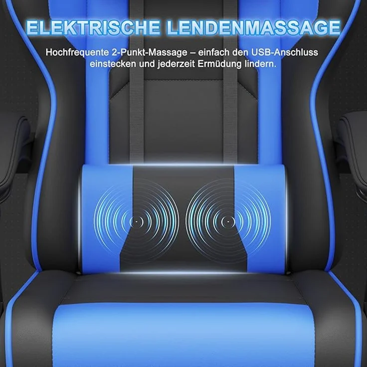 Devoko Gaming Stuhl mit Massagefunktion, Bürostuhl Ergonomisch mit Verstellbarer Ruckenlehne (90-135), Schreibtischstuhl mit Bewegliche Armlehne, max 150kg, Blau – Bild 6