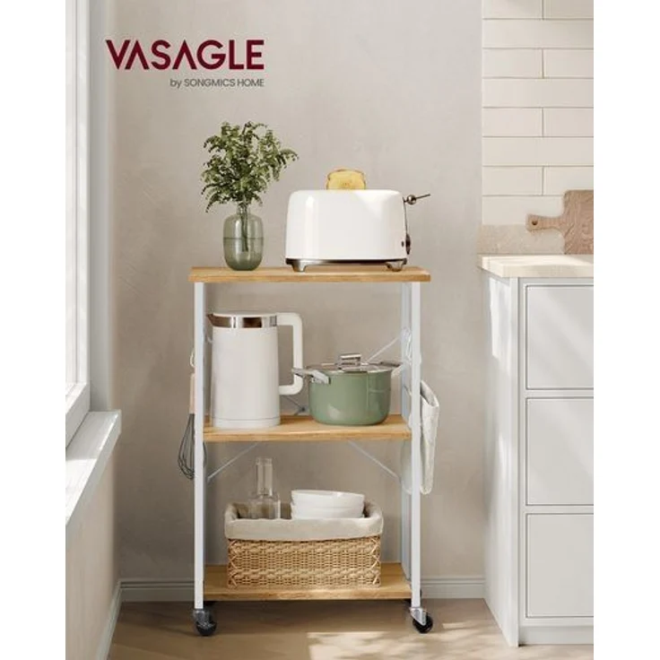 Songmics 'Vasagle' Küchenregal auf Rollen mit 3 Regalböden und 6 Haken, Holzspannplatte braun / weiß, 40 x 60 x 82,5 cm (T x B x H) – Bild 2