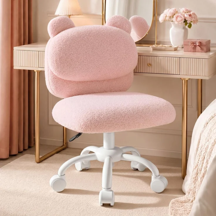 Marsail Schminktisch Stuhl, Schreibtischstuhl aus Teddyfleece, Zartrosa | Armlehnenlos, Bärenlehne, breite Sitzfläche, leise Rollen, höhenverstellbar, Make-up-Stuhl für Mädchen & Arbeitszimmer
