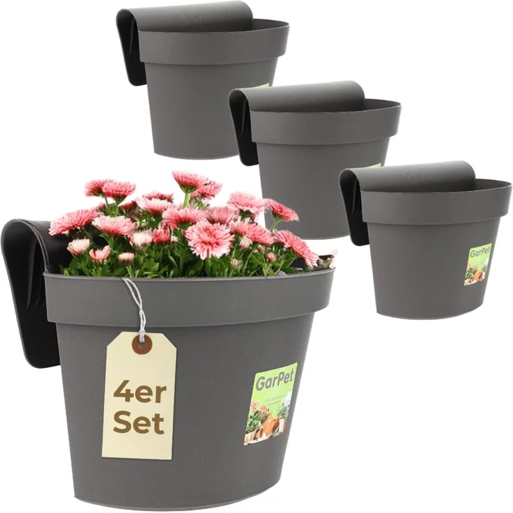 GarPet Balkonkasten 4er Set Geländertopf Balkon Wasserspeicher Blumen Topf Zaun Anthrazit