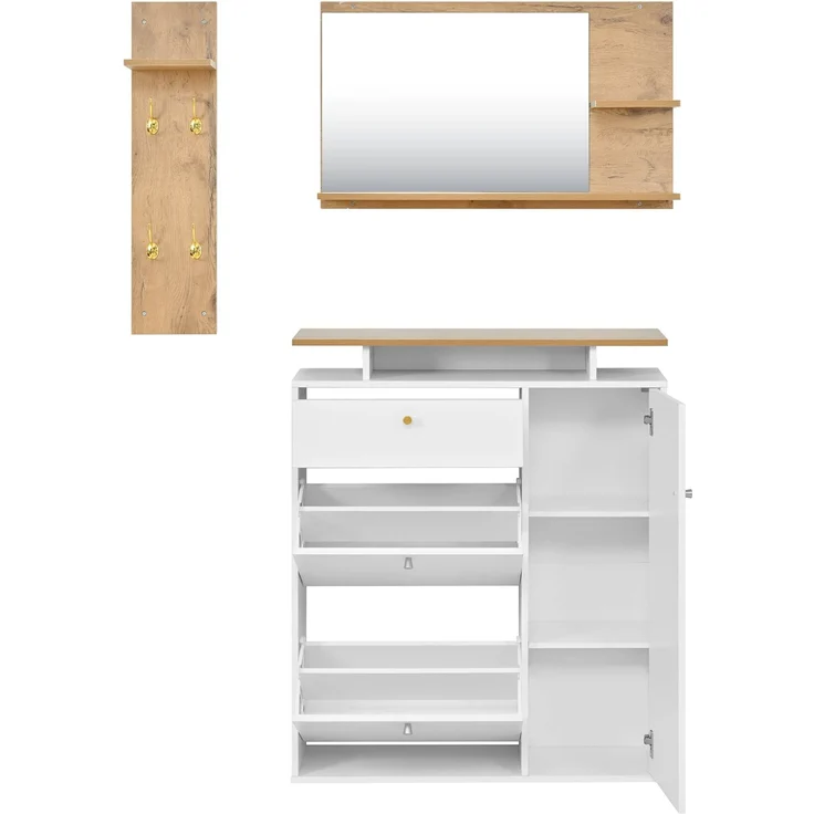 DESVIAE Garderobenschrank 3-tlg. mit LED-Beleuchtung und Spiegel 105x151,5x25 cm Spanplatte Weiß – Bild 8