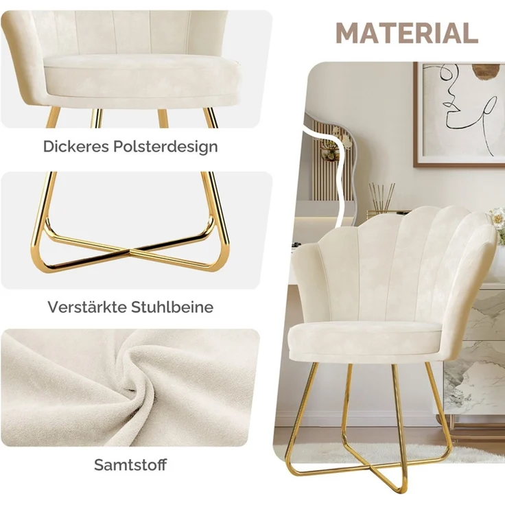 Hawthyhome Polsterstuhl Polstersessel 2er Set mit Blütenblatt-Rückenlehne & goldenen Metallbeinen, hohe Rückenlehne mit Kopfstütze, Wasserfall-Sitzkissen, gepolsterte Armlehnen, SGS-zertifiziert & bis 150 kg belastbar, elegantes Design, ideal für Esszi... – Bild 6