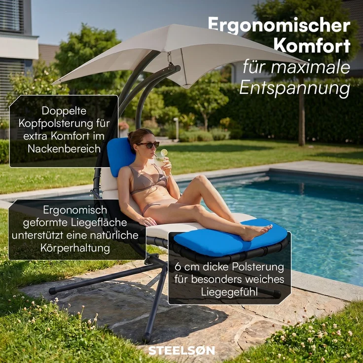 STEELSØN 'Nyria' Schwebeliege mit Sonnenschirm, Hängeliege mit Sitzpolstern, wetterfest, bis 120 kg belastbar, beige – Bild 2