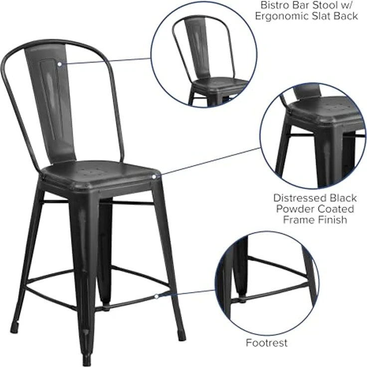 Flash Furniture Blake Commercial Grade 4 Stück 61 cm hoher Hocker aus schwarzem Metall für drinnen und draußen mit Rückenlehne – Bild 8