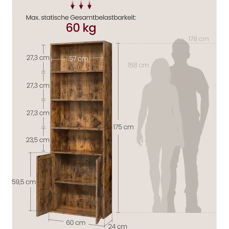 Bücherregal, 6-stöckiges hohes Regal, Standregal mit Türen und offenen Fächern, vielseitig einsetzbar – Bild 5