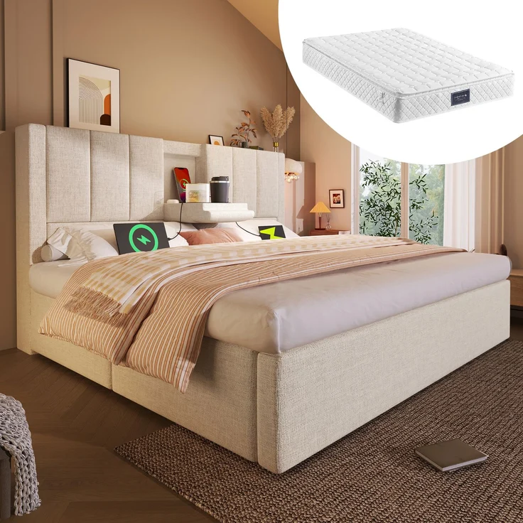EINHOM Polsterbett 160 x 200 cm Einzelbett mit Verstecktem Becherhalter & Ladestation, Hydraulisches Bett mit Stauraum unter dem Bett, Inkl, Lattenrost, Leinen Beige (Mit Matratze) – Bild 1