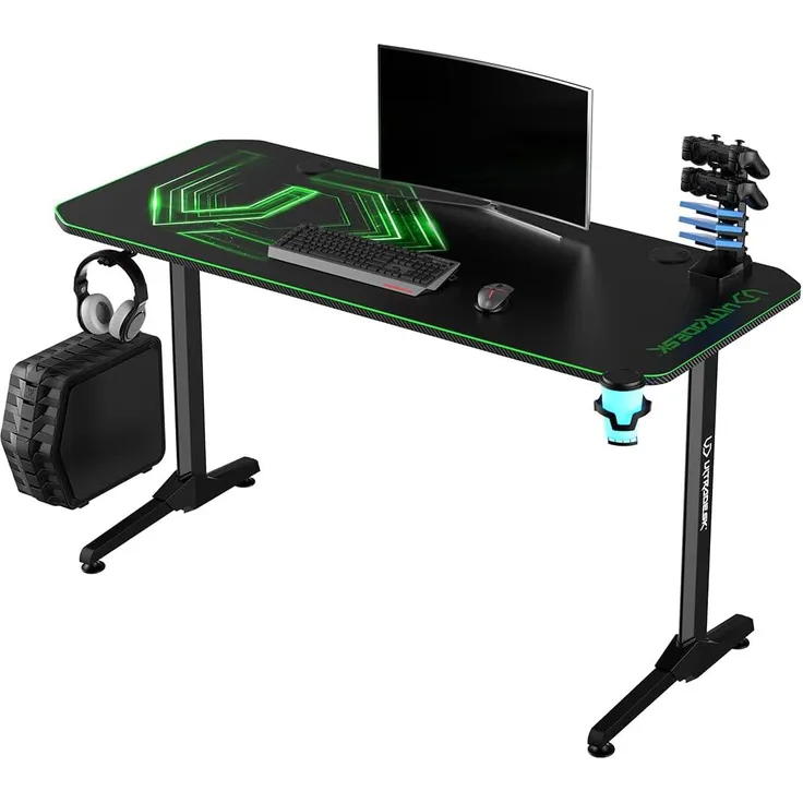 ULTRADESK Frag | Ergonomischer Gaming-Schreibtisch mit großer Arbeitsfläche & XXL-Pad, 2 Kabeldurchlässe | Gut für Home Office, Fach für Steckdosenleisten | Stahlrahmen, Grünes Pad, 140x66 cm