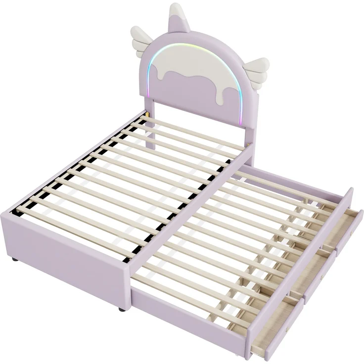 ViolettKinderbett 90x200 cm in Einhornform mit ausziehbarem Rollbett und Schubladen,Cartoon Bett violett,süßes Einhornbett mit stabilem Rahmen – Bild 9