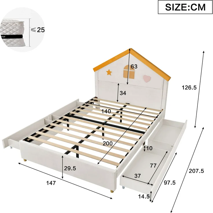 Merax Kinderbett, 140x200 cm, Polsterbett, mit 4 Schubladen, Stauraumbett, Jugendbett mit französischem Samt, gepolstertes Bett mit Haus-Kopfteil, Beige – Bild 4