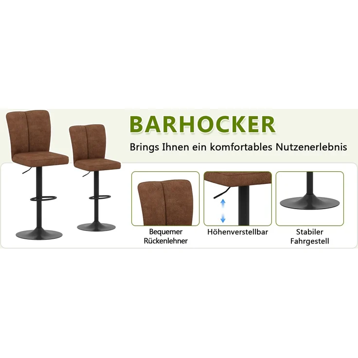 Höhenverstellbarer Barhocker im 2er-Set, 360° drehbar. Barhocker aus braunem, hochwertigem Technologie-Stoff mit schwarzen Metallbeinen. Geeignet für Kücheninseln. Verschiedene Farben erhältlich.--Braun + Schwarz--37x44x44.5cm--YOUDENOVA – Bild 2