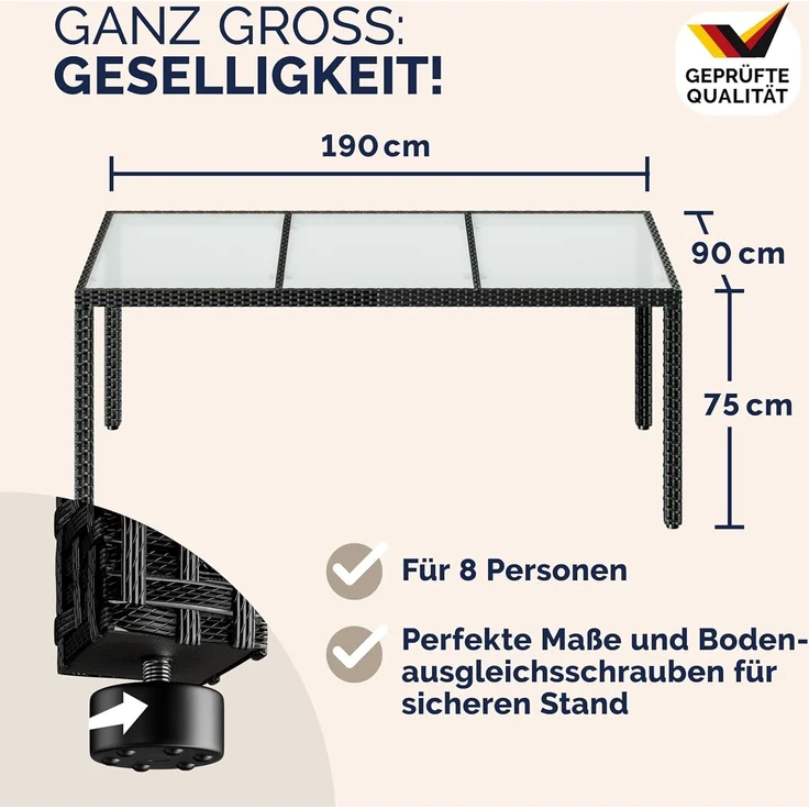 Casaria Gartentisch, Wetterfest 190x90cm Polyrattan Höhenverstellbar 5mm Sicherheitsglas – Bild 2