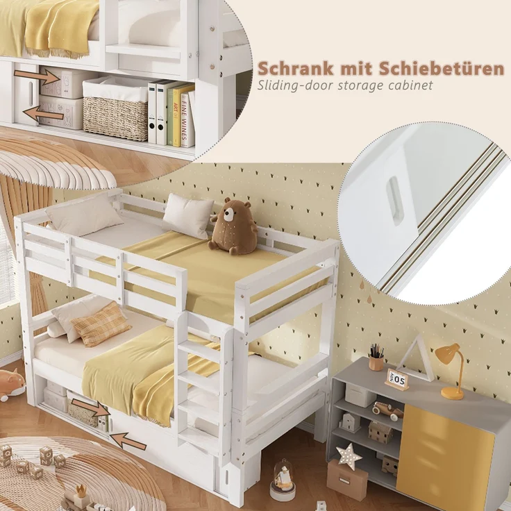 Etagenbett 90x200 cm, teilbar in 2 Einzelbetten, mit Schiebetür-Stauraum, Weiß (ohne Matratze) – Bild 8