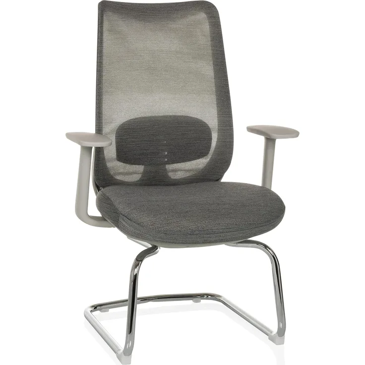 hjh OFFICE Freischwinger Stuhl ergonomisch MILESTON V Besucherstuhl mit Lordosenstütze und Armlehnen, Schwingstuhl Netzrücken, Grau