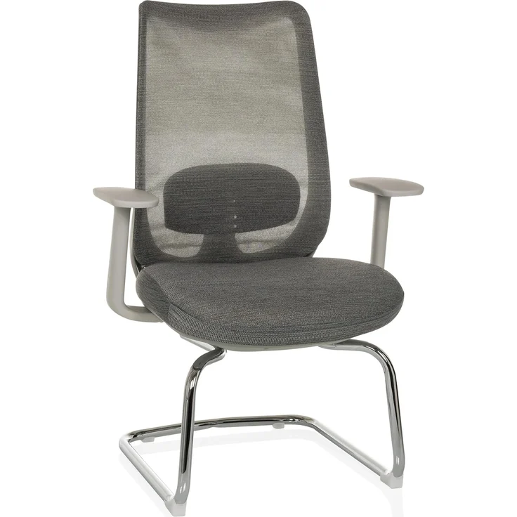 hjh OFFICE Freischwinger Stuhl ergonomisch MILESTON V Besucherstuhl mit Lordosenstütze und Armlehnen, Schwingstuhl Netzrücken, Grau – Bild 1