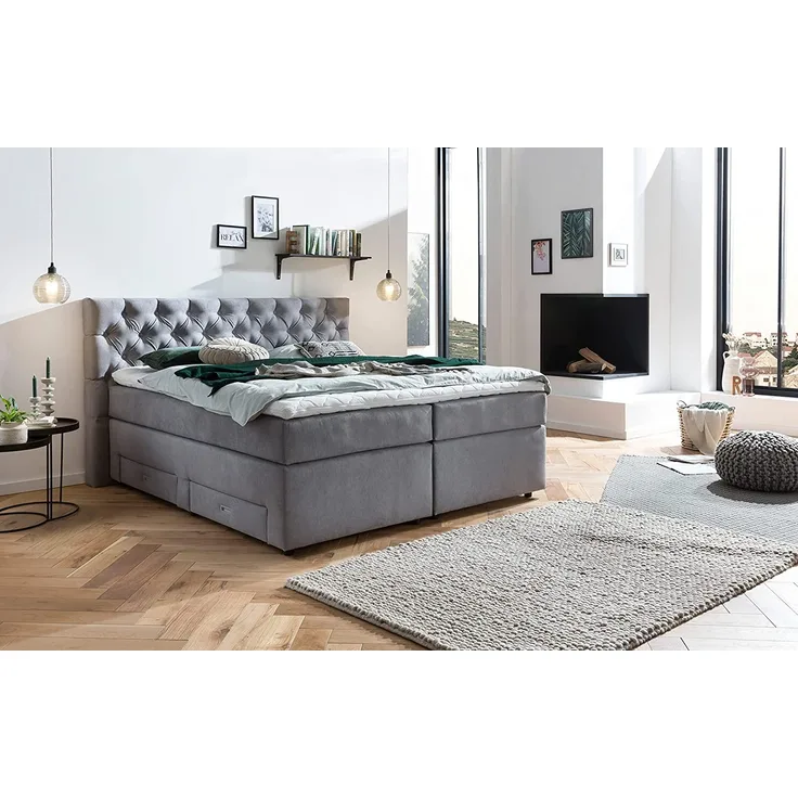 Belanoti Lara Boxspringbett 180x200 mit 4 Schubladen Stauraum Bett 180x200 mit Bettkasten in der Farbe Hellgrau H2 und H3 Chesterfield Kopfteil 7-Zonen Taschenfederkern Matratze inkl. Visco Topper