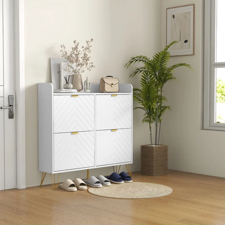Schuhschrank mit 4 Klappen, mit verstellbarem Einlegeboden, Schuhaufbewahrung 106 x 24 x 102 cm, weiß – Bild 3