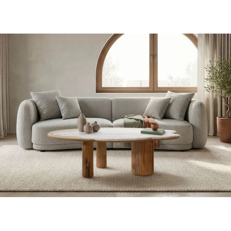 Couchtisch Sheesham 120x70x35 natur sandgestrahlt lackiert / Marmor weiß ORGANIC COLLECTION #30 – Bild 9