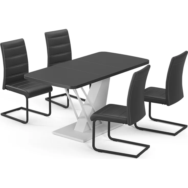Esstisch-Set Fenaro Schwarz/Weiß 120 x 80 cm mit 4 Esszimmerstühlen, Schwarz Vicco