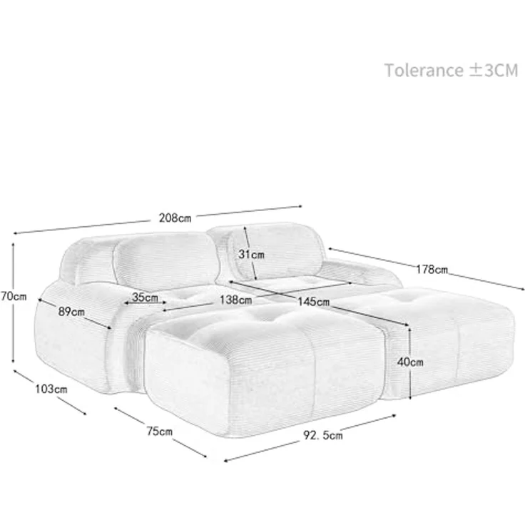 2-Sitzer-Sofa aus Cord 208x178x75 cm mit ergonomischen Armlehnen und Chaiselongue, grün – Bild 2