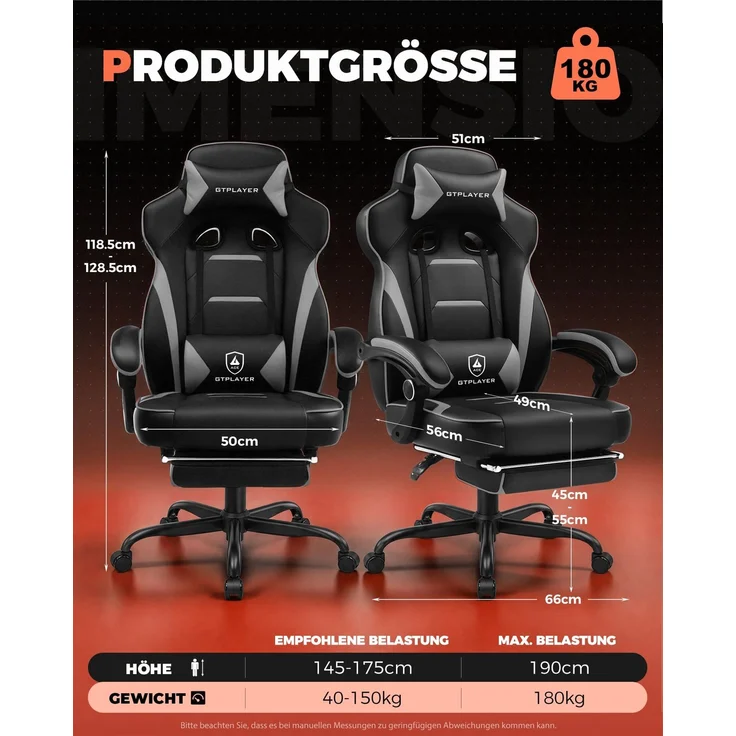 GTPLAYER Gaming Stuhl mit Fußstütze, Ergonomischer Bürostuhl 180kg, Schwerlast Gaming Sessel mit Lendenwirbelstütze und Kopfstütze, Höhenverstellbarer Computerstuhl, Gepolstert, neigbare 155°, GRAU – Bild 2