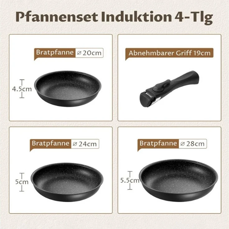 Gotoll Pfannen-Set mit abnehmbarem Griff und Antihaftbeschichtung, Aluminium (Set, 3-tlg, Pfanne Ø20/24/28 cm), für alle Herdarten geeignet, ergonomischer Kunststoffgriff – Bild 1