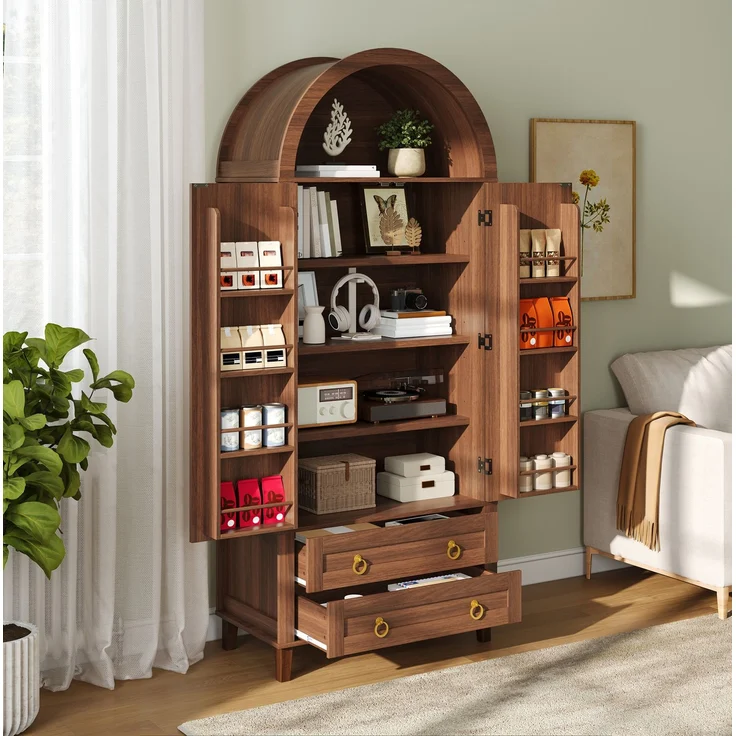 DESVIAE Sideboard Nussbaum aus MDF/Spanplatte – 76x179,5x40 cm – LED-Beleuchtung, 2 Schubladen – Bild 3