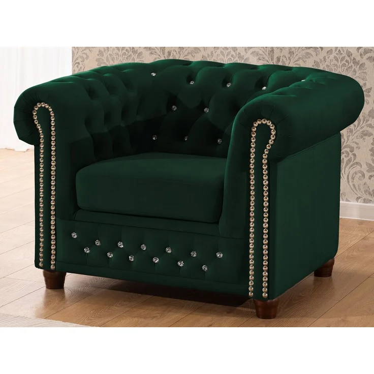 S-Style Möbel Chesterfield-Sessel Cleo Blink aus Samt mit Kristallsteppung und braunen Massivholzfüßen, mit Wellenfederung – Bild 1