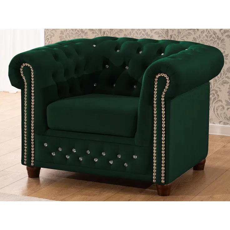 S-Style Möbel Chesterfield-Sessel Cleo Blink aus Samt mit Kristallsteppung und braunen Massivholzfüßen, mit Wellenfederung