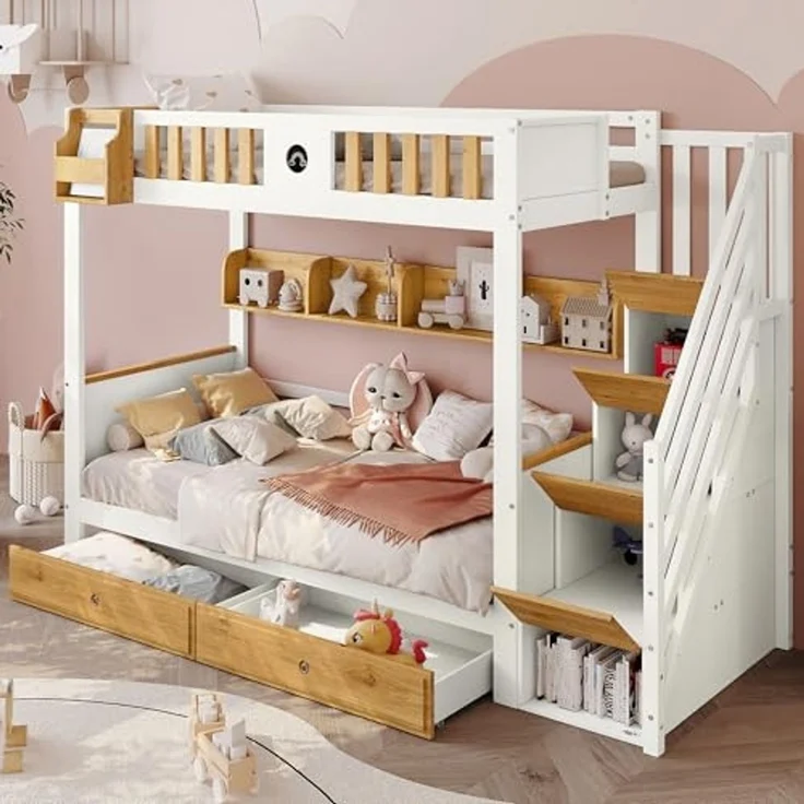 Ball & Cast Hochbett (90x200cm) Kinderbett mit 4 Spinden in der Treppe, Einzelbett mit Geländer und 2 Schubladen, Weiß+Natur – Bild 1