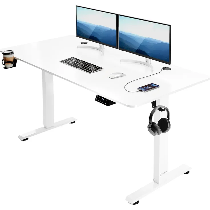Casaria Höhenverstellbarer Schreibtisch mit Tischplatte, Elektrisch, LCD- Display, Stahlgestell, Weiß, 140x60 cm