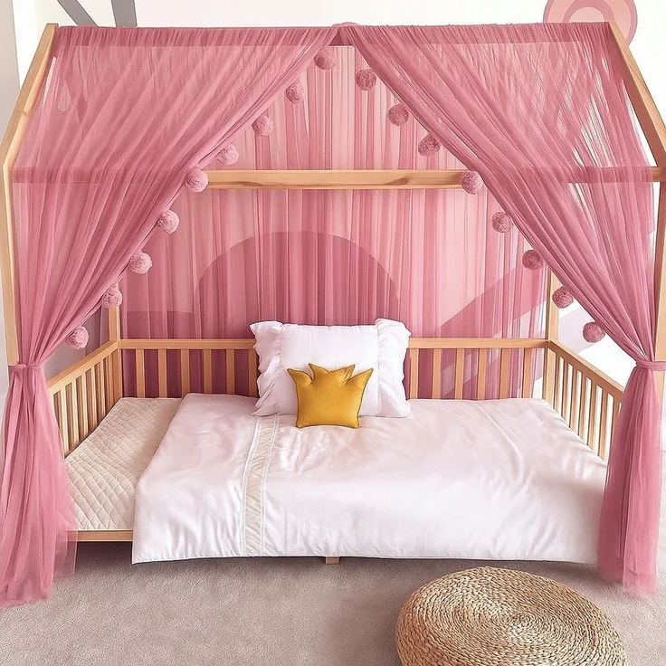Baby Fancyroom Betthimmel Betthimmel Tüll Hausbett Kinderbett 2 Stück 340cm 380cm Montessori (3-tlg. Set mit 2x Betthimmel und einer 20er Pomponkette, Baldachin, Kinder Betthimmel Baldachin Himmel Deko Set), Betthimmel für Hausbett Montessori – Bild 1