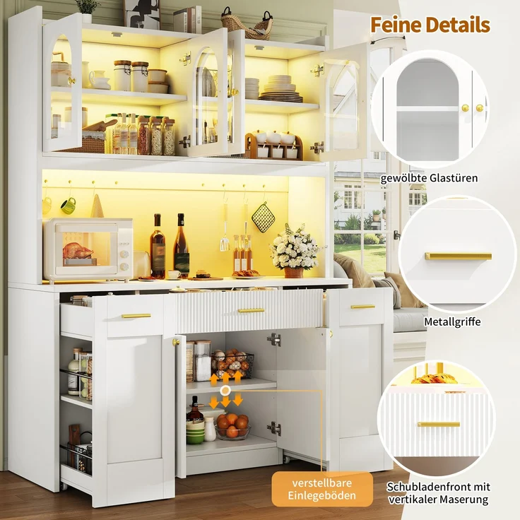 Hochküchenschrank 120cm mit RGB-LED, App-Steuerung, 3 Glasvitrinen, Schubkästen & beidseitigen Roll-Ablagen, Weiß/Schwarz – Bild 9