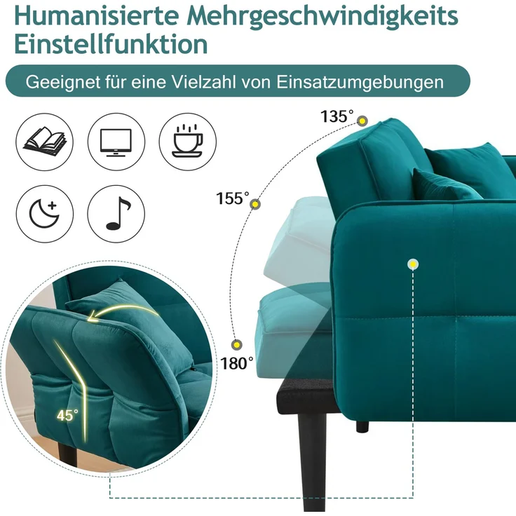 Merax 2-in-1 Verstellbares Schlafsofa – Zweisitzer mit Samtbezug, klappbaren Armlehnen & Schlaffunktion, ideal für kleine Räume, Antik Blaugrün – Bild 3