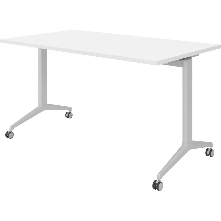 bümö Seminartisch klappbar fahrbar 140x80 cm weiß, Gestell silber - Klapptisch staffelbar, mit vier Doppelrollen Büro Schulungstisch, KFZ14-W-S – Bild 1