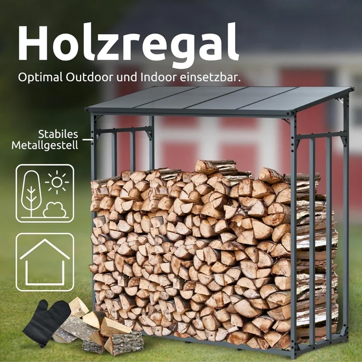DELUKE® Kaminholzregal Außen mit Dach ELOS - 182x70x185cm | Metallrahmen, Inkl. Ofenhandschuh | Brennholzregal außen Brennholzunterstand Kaminholzunterstand Holzlager – Bild 3