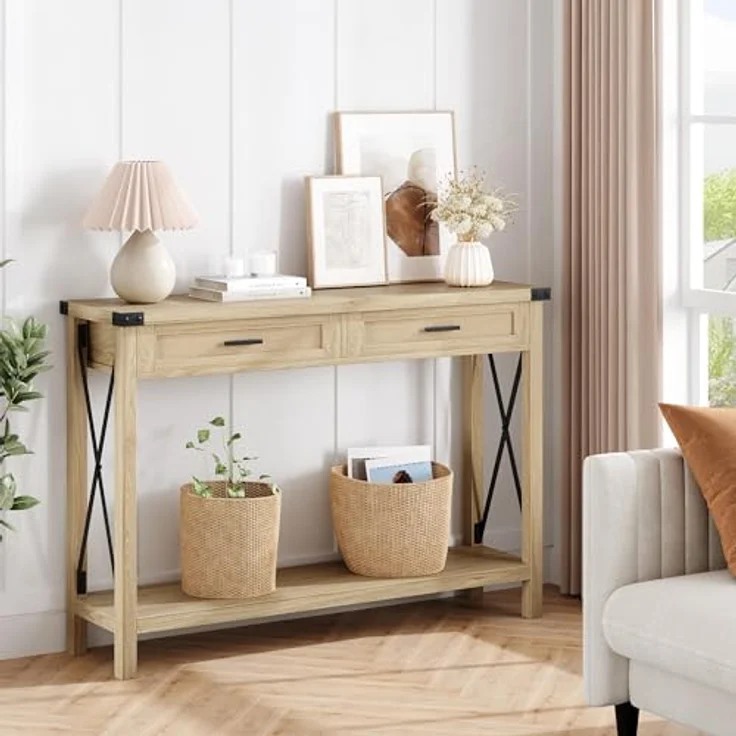 GarveeHome Flurtisch, Konsolentisch Mit Rattan-Schubladen, Sofatisch Mit 2 Ablageflächen, Einzigartiges x-Förmiges Design, Ideal Für Flur, Wohnzimmer, Diele, 110 x 30 x 78 cm,Holzfarbe – Bild 7