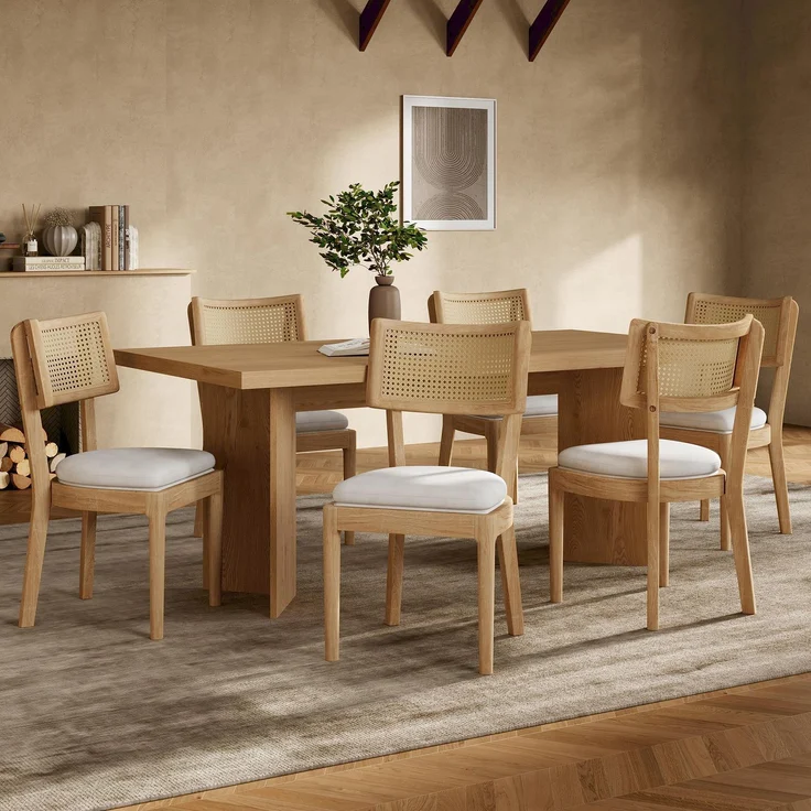 4 Esszimmerstühle aus Massivholz mit Rattan-Rückenlehnen, bequem und atmungsaktiv, geeignet für Esszimmer, Wohnzimmer, Cafés, moderner Stil, Leinen, Holzfarbe – Bild 11