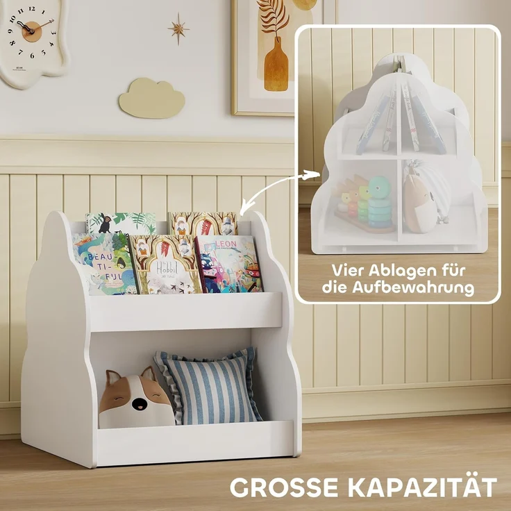 AIYAPLAY Spielzeugtruhe mit Rädern, 4 Regalen (Kinderregal, 1 St, 2-stöckiges Spielzeugregal), für Kinderzimmer, Spielzimmer, Wohnzimmer, 54 x 50 x 56 cm, Weiß – Bild 4