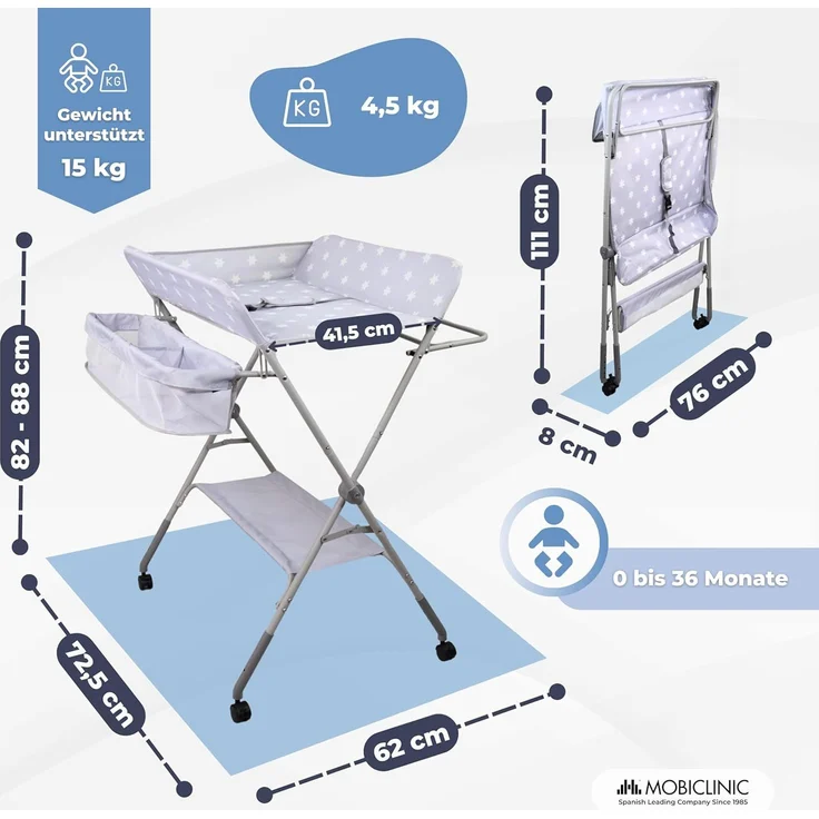 Mobiclinic®, Wickeltisch, Klappbar, Höhenverstellbar, Bis zu 15 Kg, 0–36 Monate, Windel-Organizer, 360°-Räder mit Bremse, Gurt und Sicherheitszaun, Waschbarer Bezug, Aufbewahrung, Zoey – Bild 2