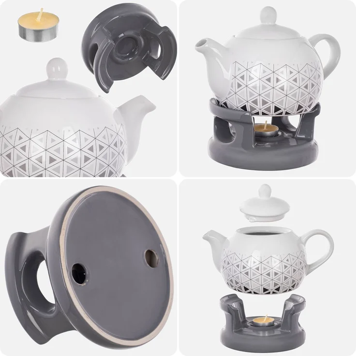 KADAX Teekanne 1L mit Stövchen Set, Kaffeekanne aus Porzellan mit Deckel, Griff und Teestövchen, Kanne mit Teelicht Wärmer für Tee, Teeservice (Grau/Weiß) – Bild 9