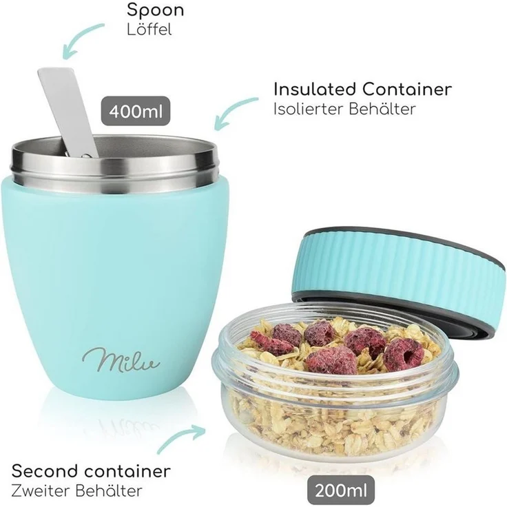 Milu Müslibox Müslibecher To Go Edelstahl 400 ml, isoliert, auslaufsicher, Müslimax Set – Bild 4