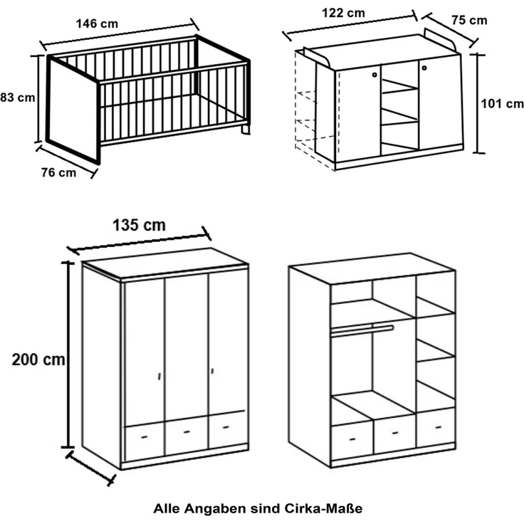 Babyzimmer-Set Kinderzimmer Babybett Wickelkommode Kleiderschrank+Schub. 135 cm Weiß – Bild 9
