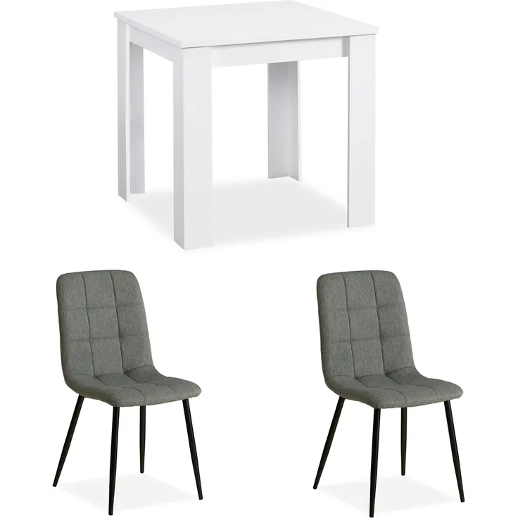Essgruppe mit 2 Stühlen Leinen Polsterstühle Grau Esstisch Weiß 80x80 cm Esszimmertisch Holz Massiv