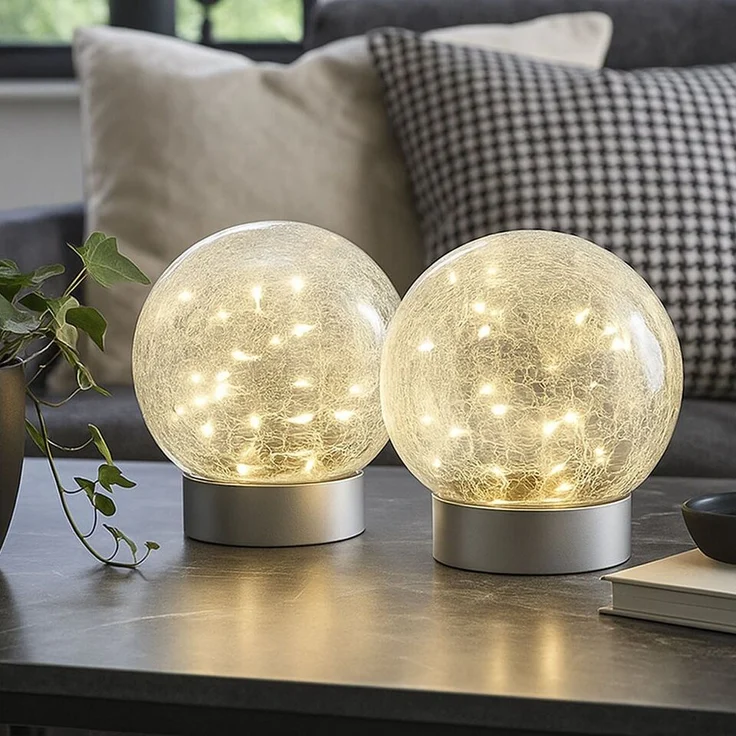 GLOBO LIGHTING LED Tischleuchte, LED-Leuchtmittel fest verbaut, Warmweiß, Tischleuchte Tischlampe Dekolampe silber IP44 Bruchglas LED 2er Set – Bild 3