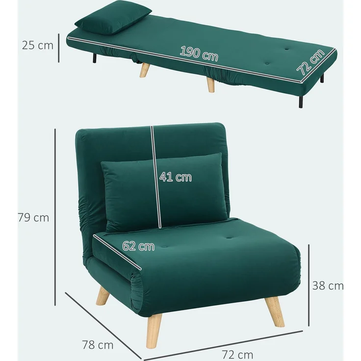 HOMCOM Relaxsessel mit Bettfunktion, verstellbare Rückenlehne, bis 150 kg Belastbar, Dunkelgrün, 72 x 78 x 79 cm – Bild 3