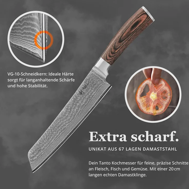 Wakoli Asiamesser Edib Tanto Damast Küchenmesser Kochmesser 20 cm Klinge Pakkaholzgriff, aus 67 Lagen Damaststahl, VG-10 Stahlkern – Bild 4
