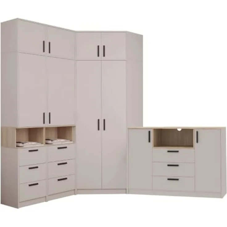Marmex Möbel Grant Set-35C Schranksystem mit mit Aufsätzen und Kommode für Schlafzimmer, Ankleidezimmer, Eckschrank, Standregalen mit Schubladen und Einlegeböden, große Kommode, laminierte Spanplatte, graubeige cashmere+cremona torro 228/195x235x40 cm